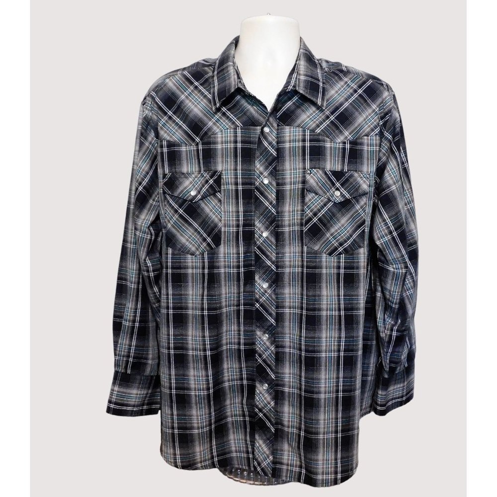 Wrangler Western Snap Shirt 2XL Black White Plaid Long Sleeve Polyester Cotton